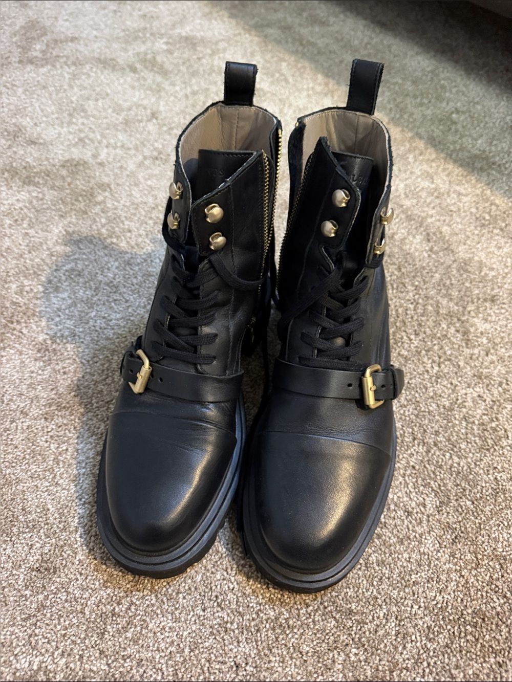 All saints women  Black Leather Lace-Up Combat Boots with Gold Hardware